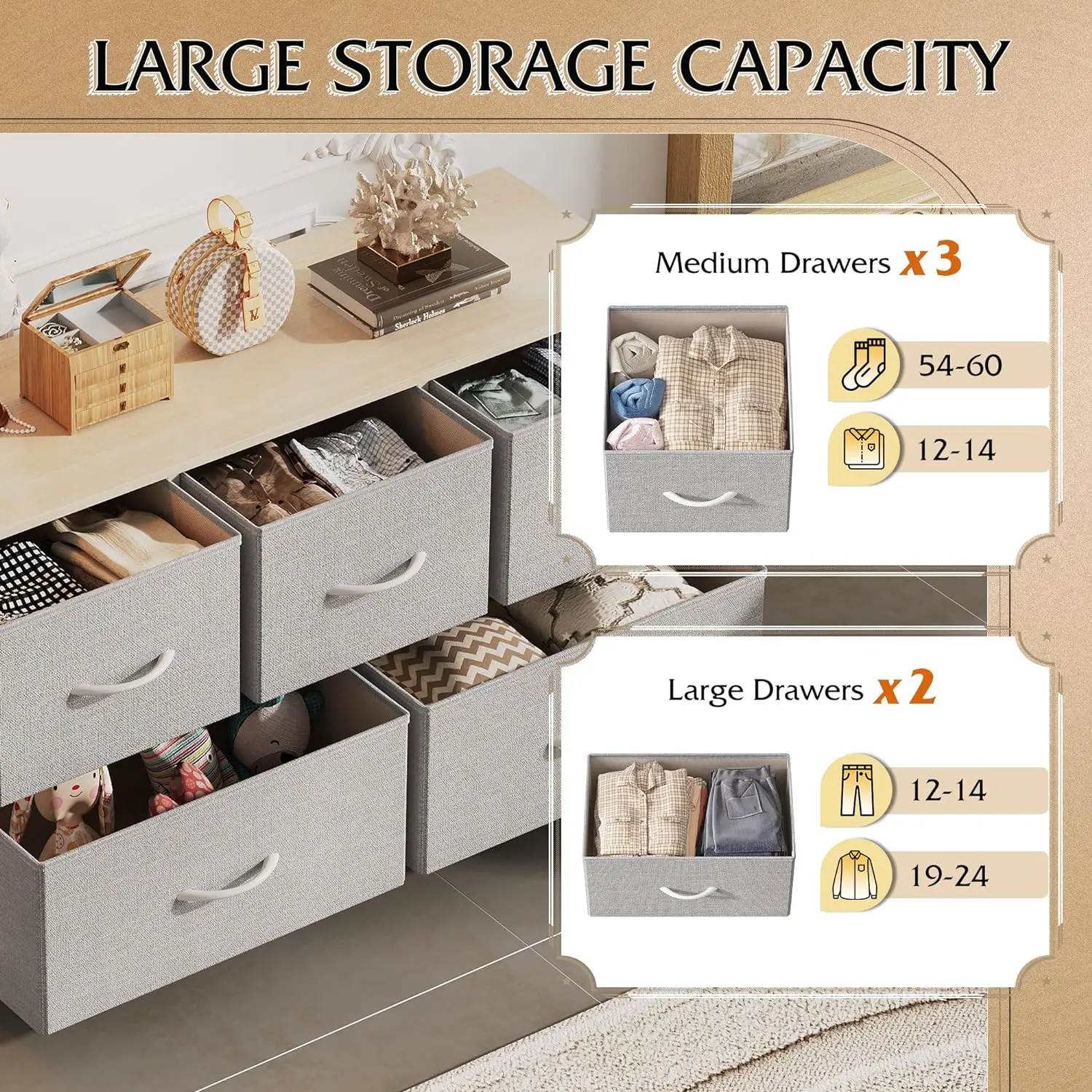 Living Room Hallway Light Grey Storage Organizer Unit Fabric Bins Closet Dresser Bedroom 5 Drawers Wide Chest Fabric Dresser