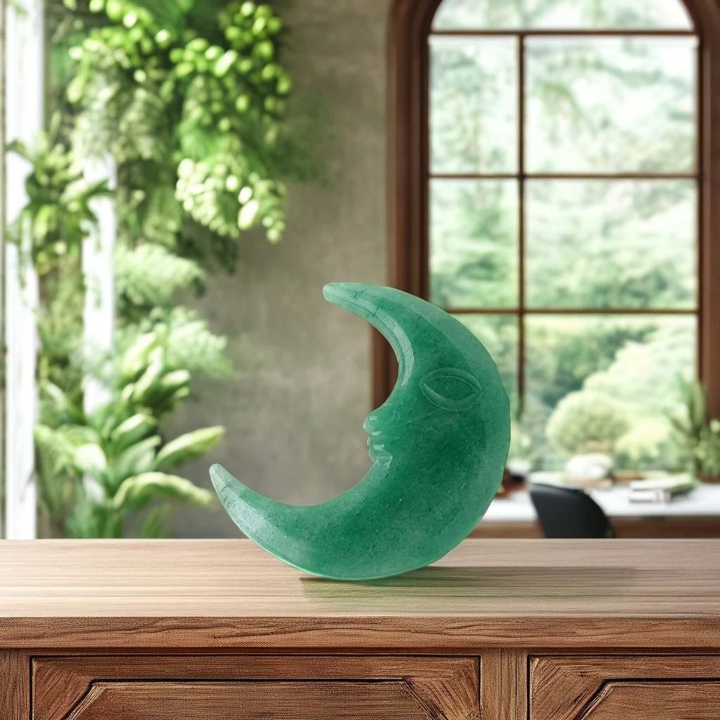 Carved Crescent Moon Black Obsidian Green Aventurine Unique Animal Theme Home Decoration Gift/Souvenir Made of Crystal