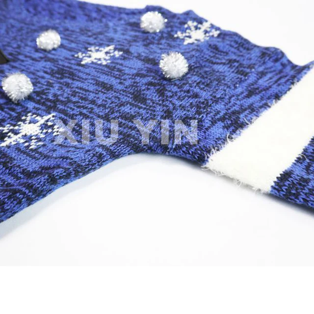 
Blue Ugly Christmas sweater with embroidered Snowman and Christmas tree cardigan with White pompoms 