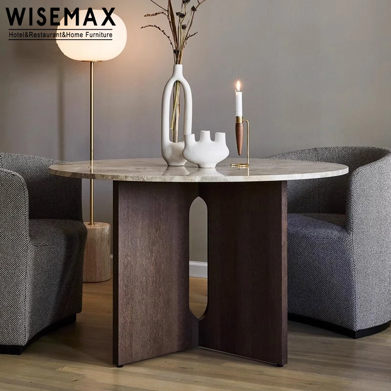 WISEMAX FURNITURE Classic style home furniture stable solid wood terrazzo round walnut dining table and chairs for dining room