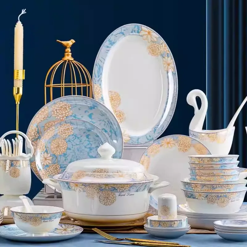 Роскошная высококачественная керамическая посуда Jingdezhen тарелки и миски фарфоровая набор керамической посуды