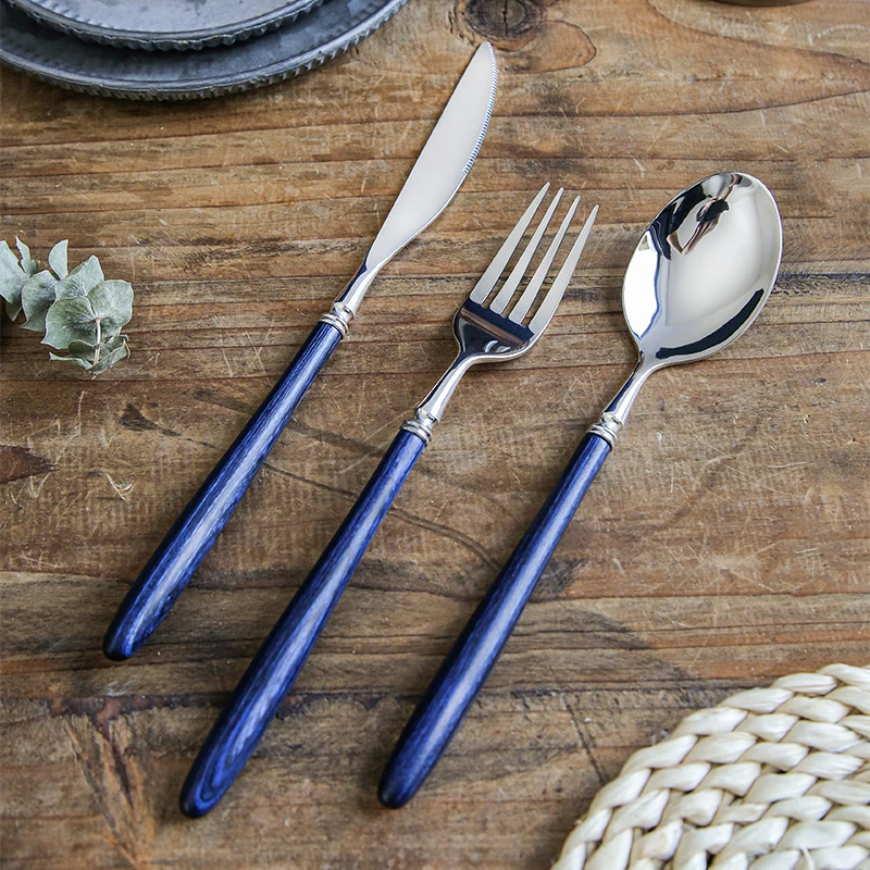 High Quality Flatware Stainless Steel Home Cutlery Camping Fork Spoon Knife Set With Blue Wooden Handle
