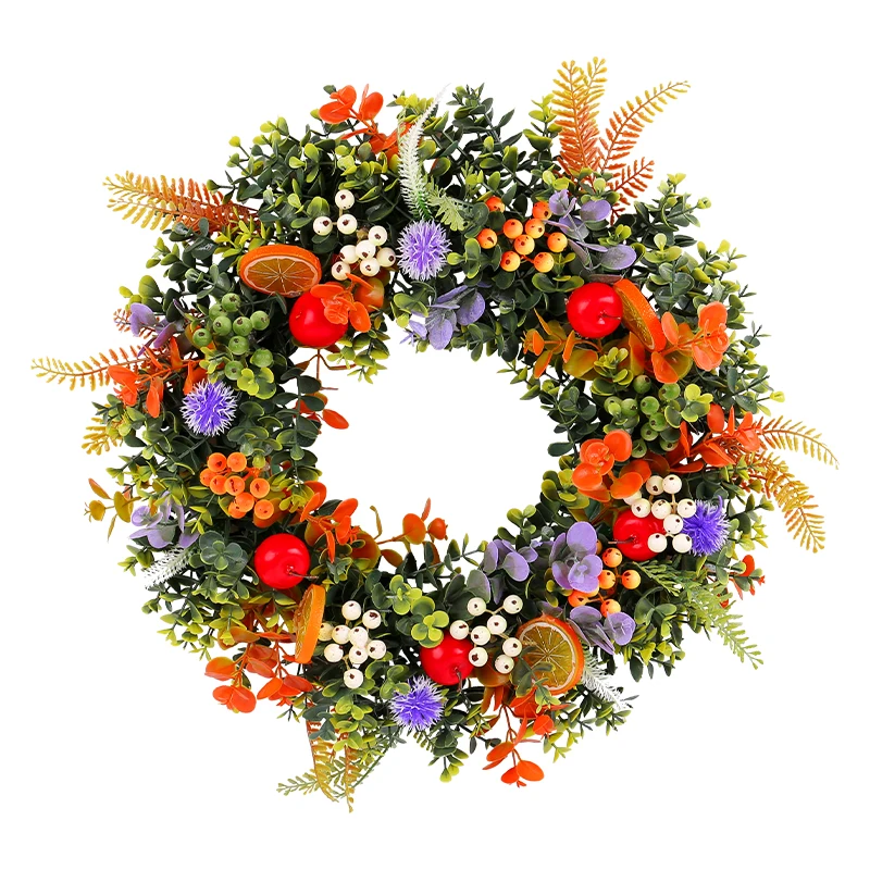 Unique 17.7-inch artificial flower wreath with fruit decorated farmhouse out door decoration, kitchen wall hanging