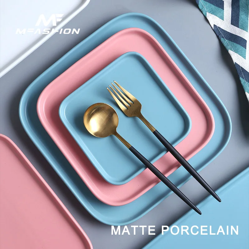 Mfashion Nordic porcelain ceramic square steak plate household small flat dish plate restaurant cuisine dinner plate