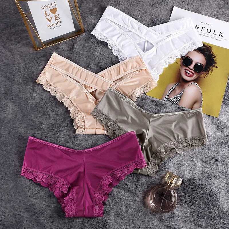 New Arrived Sexy Lace Up Ladies Sexi Mature Girls Panties Brief High Quality Silk Satin Underwear Hollow out Soft Womens Panties