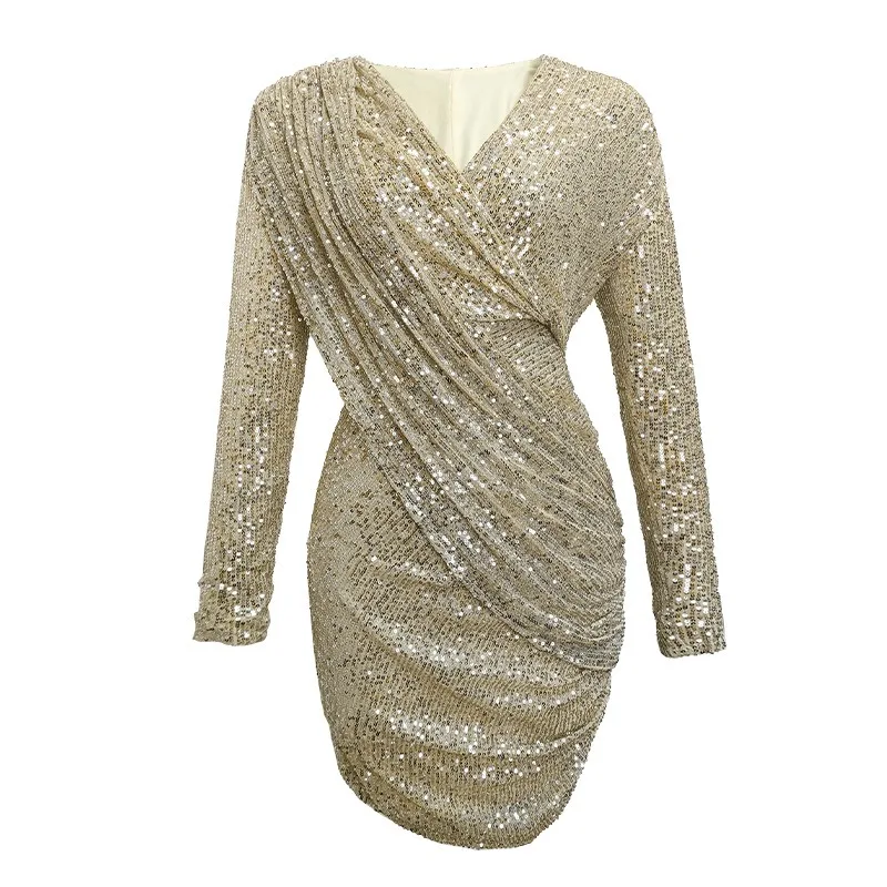 ZYHT 5609 Popular Design 2023 Sequins Dress V Neck Stylish One Piece Women Club Party Mini Bodycon Dresses