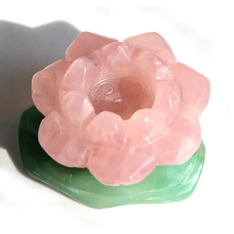 Wholesale Price Natural Healing Stone Rose Quartz Crystal Lotus Flower With Green Aventurine Leaf Set
