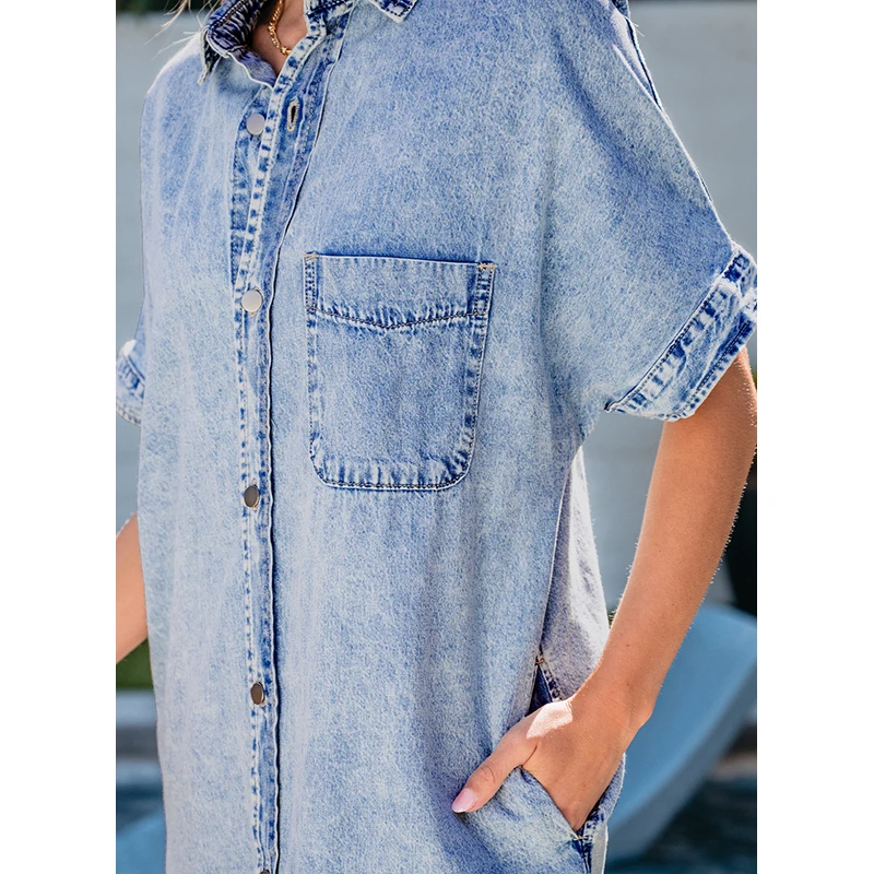 Dear-Lover Wholesale Summer High Quality Women Jeans Dress Loose Cotton Medium Wash Short Sleeve Shirt Denim Dresses