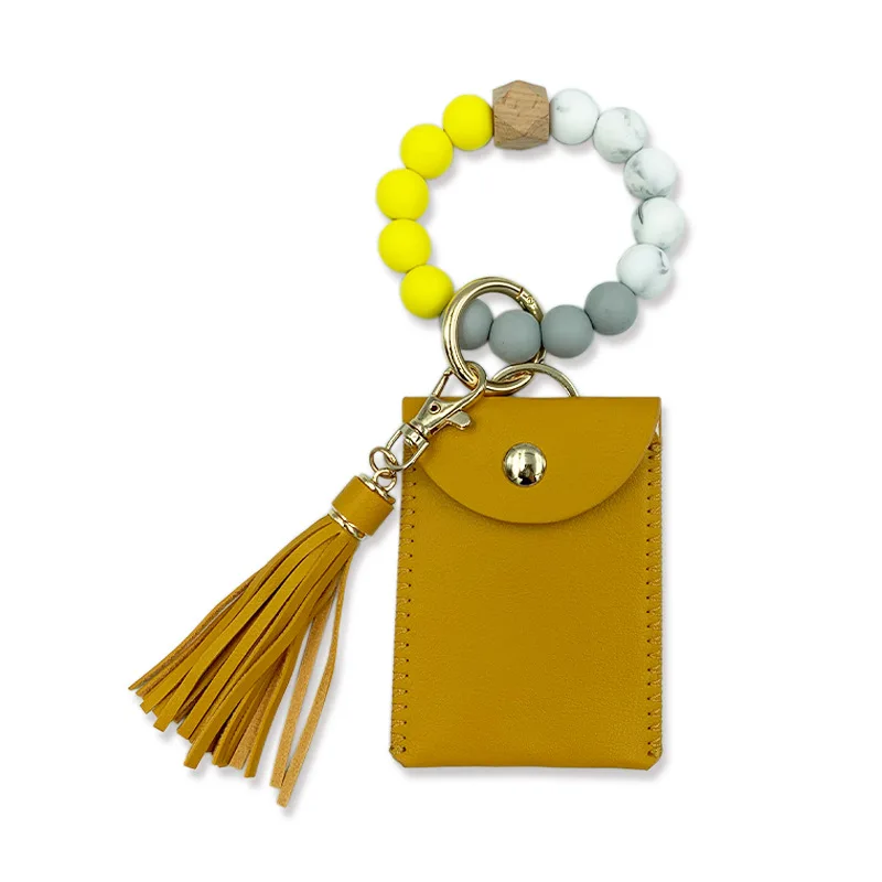 Autumn Winter New Style Silicone Bead bangle Key Ring Keychain PU Leather Card Case Tassel Wrist Bracelet