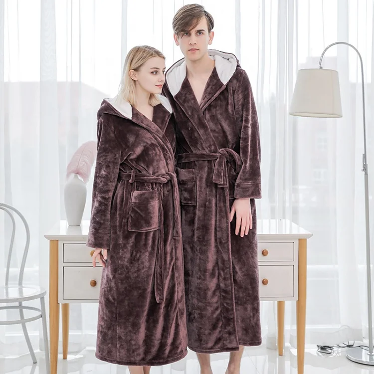 Women and men long fluffy fleece sleepwear warm adult nightgown organic bathrobes with hood