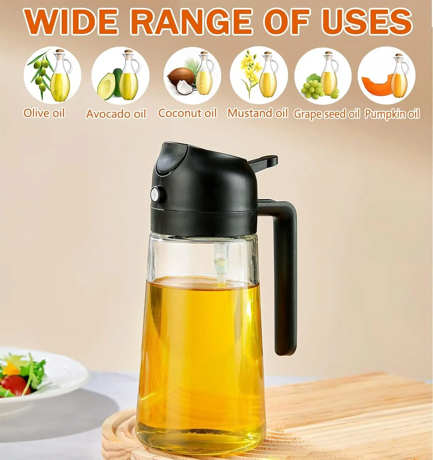 16oz Oil Sprayer for Cooking 2 in 1 Spray & Pour Olive Oil Dispenser 470ml Glass Spray Oil Bottle Kitchen Gadgets