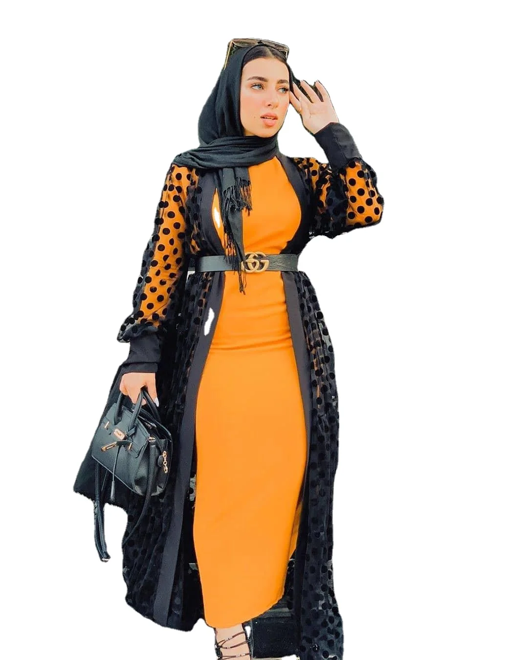 Muslim clothes middle east islamic clothing Polka dot perspective cardigan long shawl Latest Abaya Designs No inner