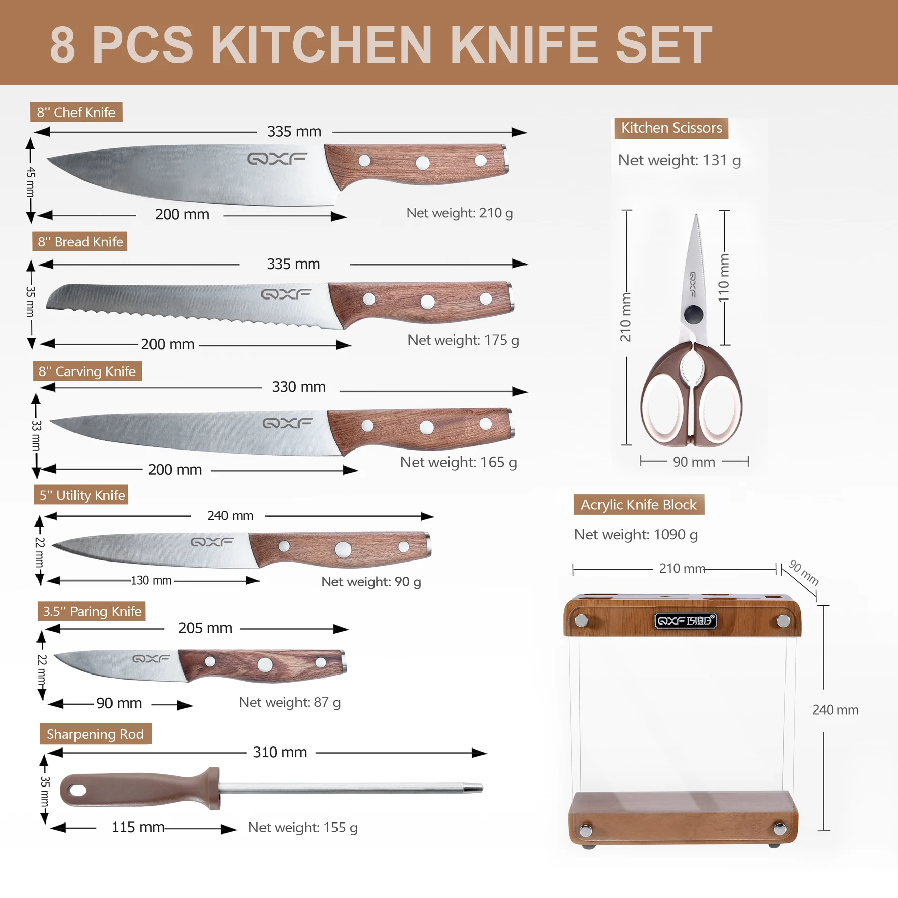 8 Pcs Acrylic Knife Set Stainless Steel High Carbon Steel Kitchen Chef Knife Set with Knife Block