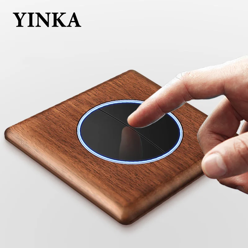 YINKA Solid Wood Aperture Electrical Wall Switch Socket Black Walnut UK EU Socket LED Retro Wood Grain 15 Amp