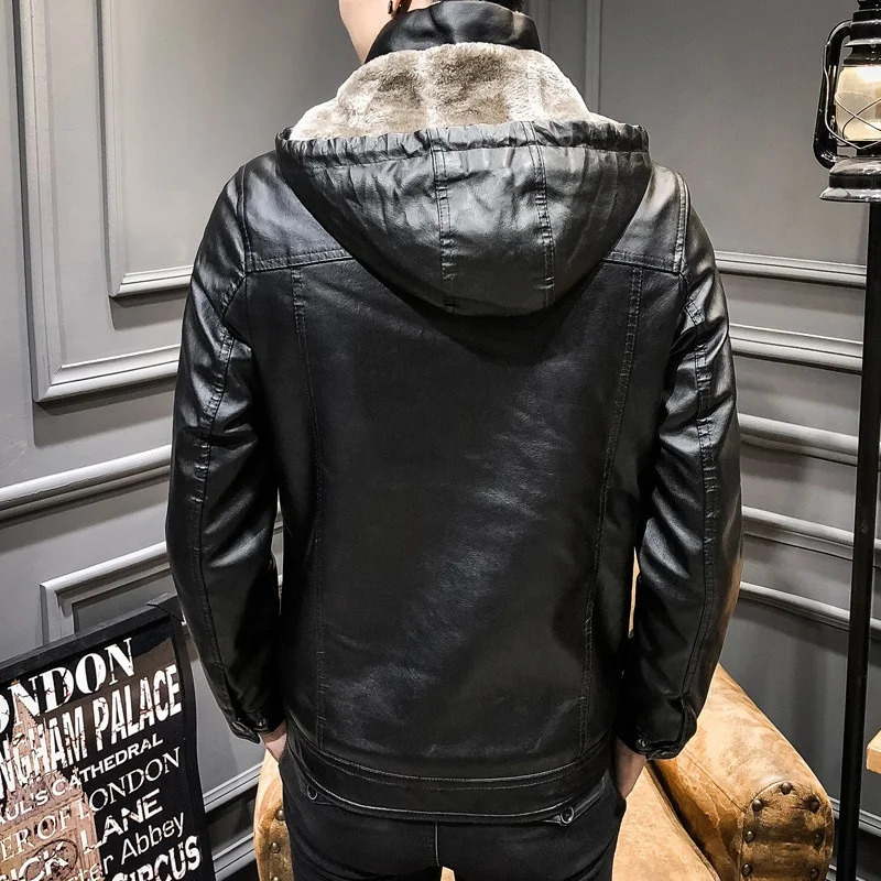 New Style OEM Raidyboer Solid Color Elegant Fleece PU Jacket with Stand Collar and Hood for Men