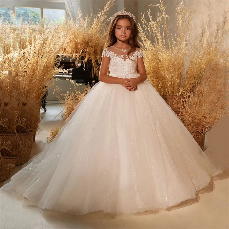 Top Quality Flower Girls Wedding Dresses Princess Lace Applique Floor Length Prom Gown Kids Formal Evening Dresses
