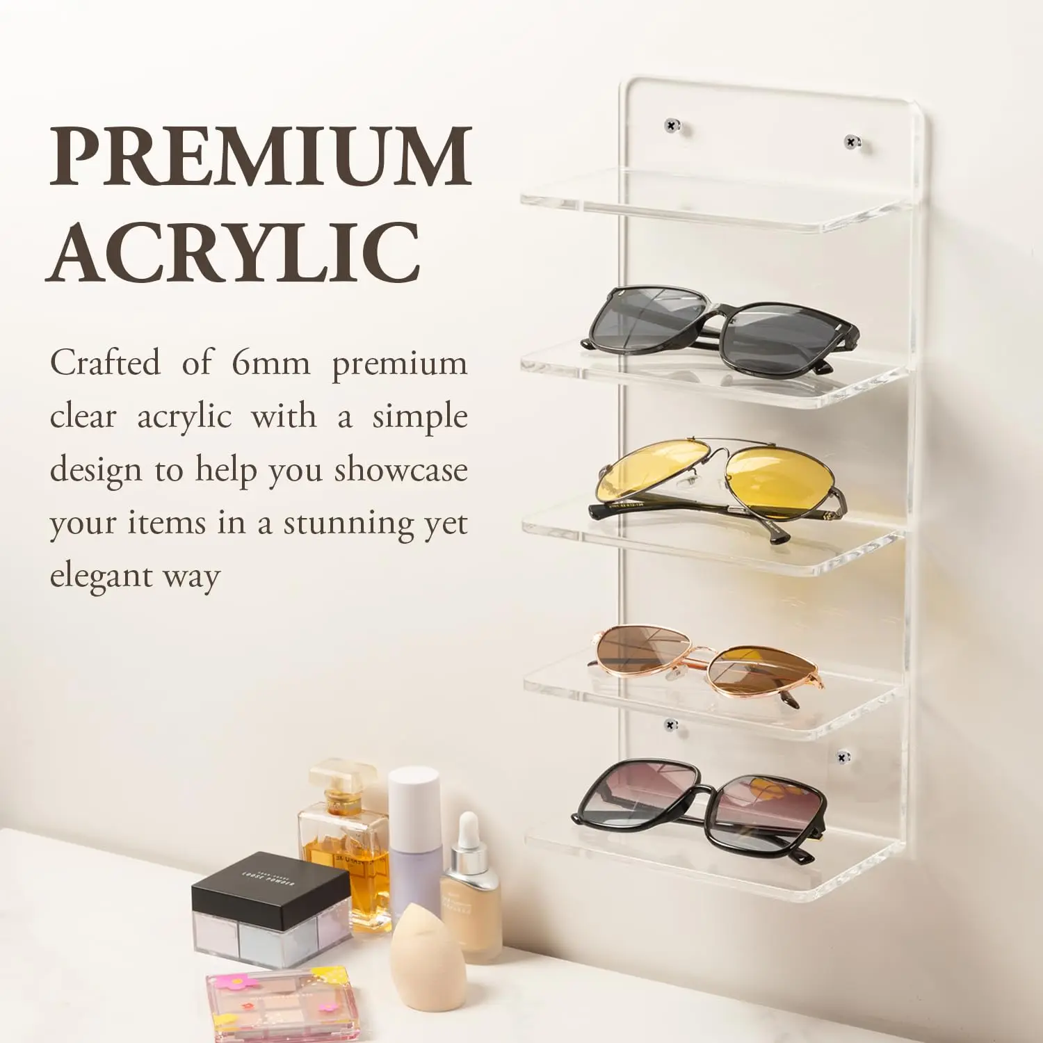 Premium 5-Tier Clear Acrylic Sunglasses Holder Rack Wall-Mounted Eye Glasses Shelf for Retail Eyewear Showcase Storage Organizer