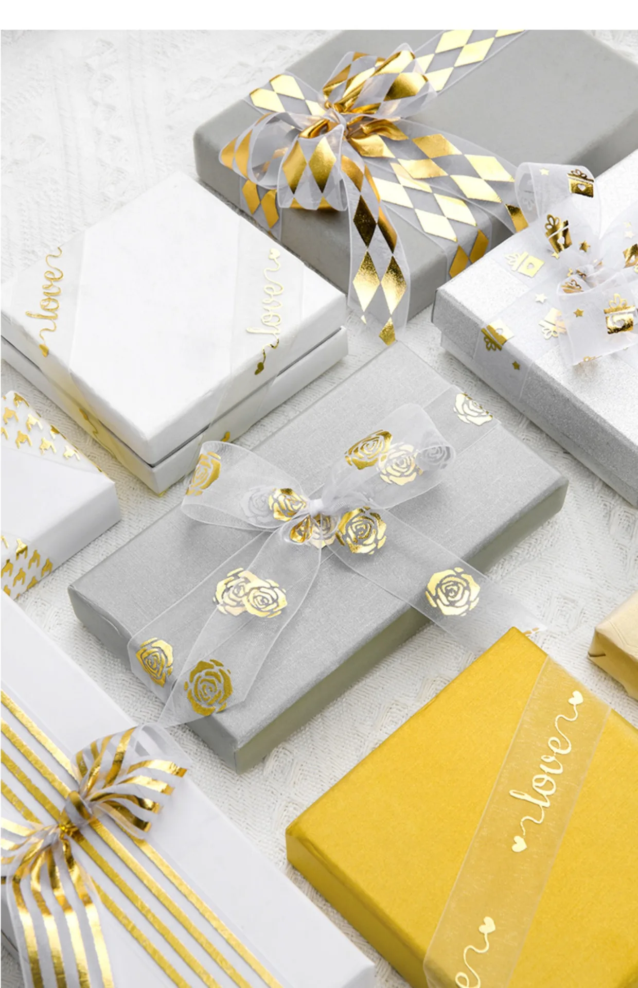 Custom 3D Gold Foil Printed Organza Ribbon Christmas Birthday Festival Cake Bouquet Decoration Gift Packaging Ribbon