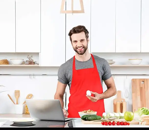 Custom Logo Red Reusable Unisex Protective Kitchen Cooking Chef Apron No Pocket Waterproof Polyester Apron