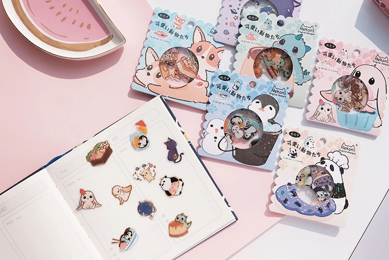 Nekoni PVC Animal Sticker Sheet Penguin Puppy Dog Cat Kitty Panda Puppy Stickers Decal Waterproof Scrapbooking Stickers