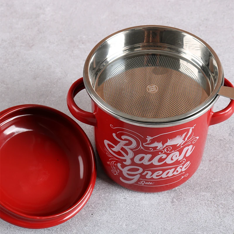 Custom Logo 40oz Food Grade Kitchen Lard  Enamel Storage Jar Cooking Oil Filter Container Bacon Grease Container With Strainer