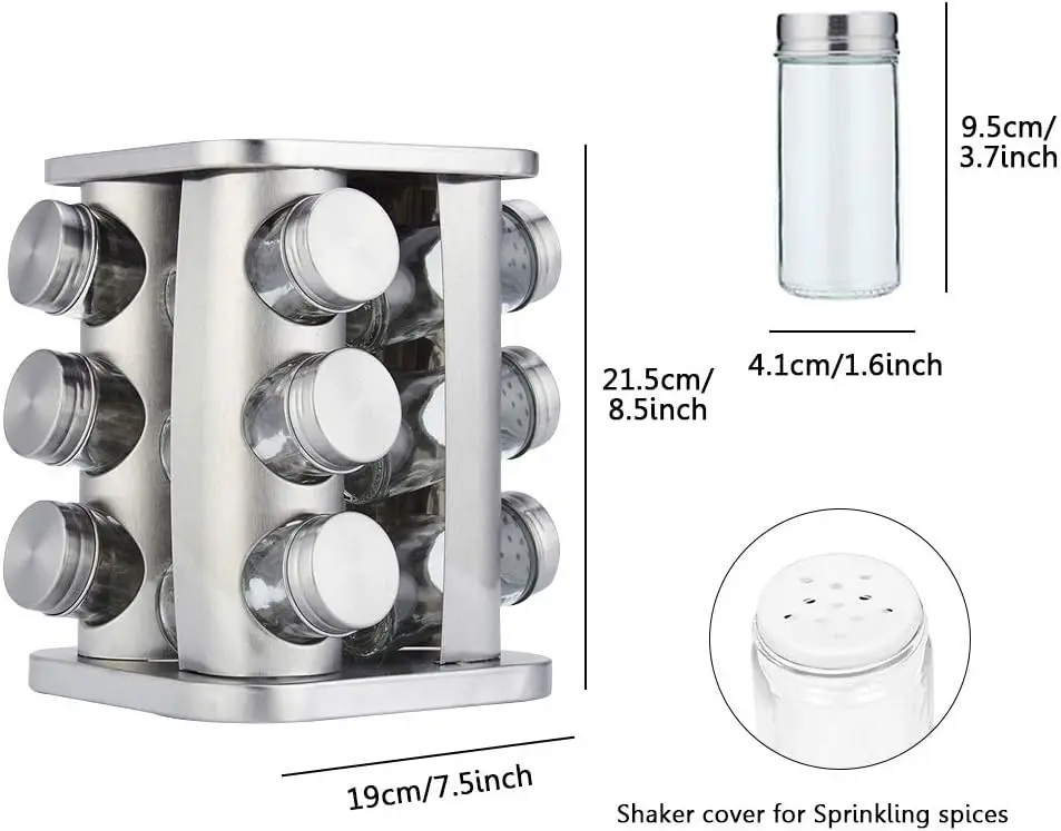 Rotating Spice Rack Organizer with 12 Jars - Revolving Standing Seasoning Tower for Countertop Kitchen Cabinet, Stainless Steel,