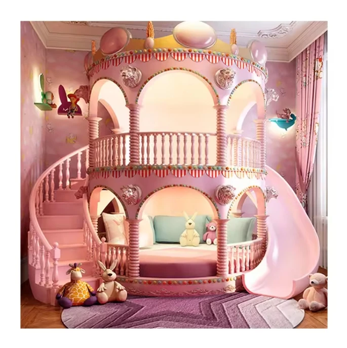 OEM Princess Castle Bunk Bed Bunker Bed Luxury Pink And Gold Bedroom Furniture Set For Girls With Big Wardrobe cabinet twin boys