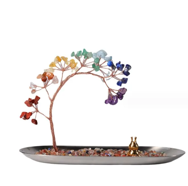Natural crystal crushed stone tree life ornament Incense burner fortune tree color chips for Yoga Meditation