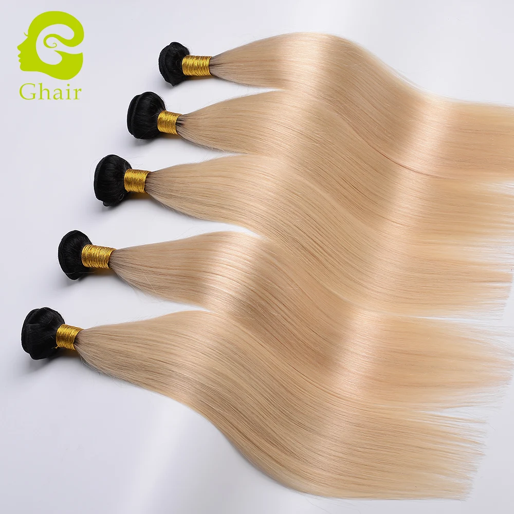 brazilian huhman Hair 2 Tone Dark Roots  Blonde Hair 3 Bundles With Lace Closure 1B/613 Color Hair Weft
