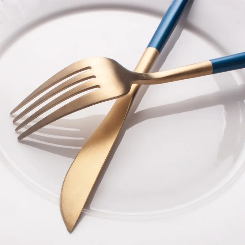 
2021 new arrivals customizable logo hot selling cutlery stainless steel blue gold flatware, spoon and fork 