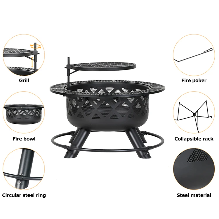 32in Steel Outdoor Fire Pit Wood Burning bbq Fire Pit Portable Fire Pit With Removable Cooking Grill
