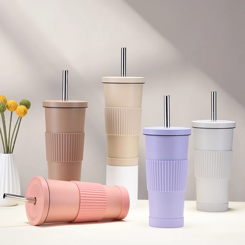 Powder Coated Stainless Steel Vacuum Tumbler 23 OZ BOBA Tea Cups with Silicone Sleeve Custom Double Walled Insulated Tumblers