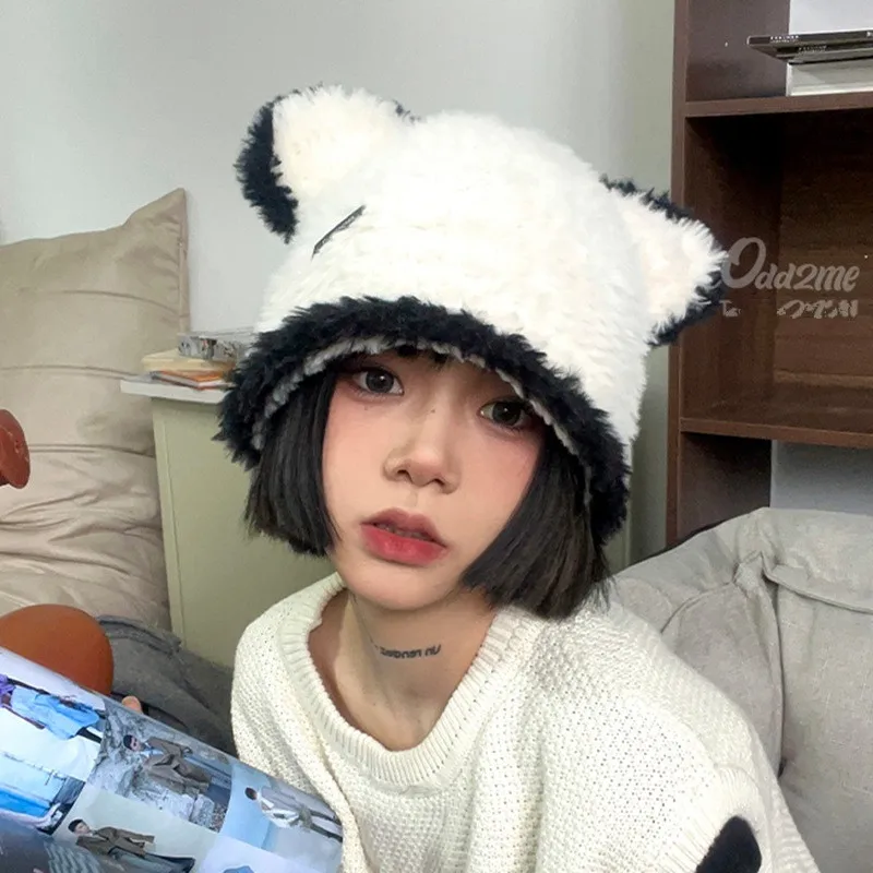 Sweet and Cute Bear Ears Matching Color Fisherman Hat Female Autumn and Winter Fashion Warm Ear Protection Furry Bucket Hat