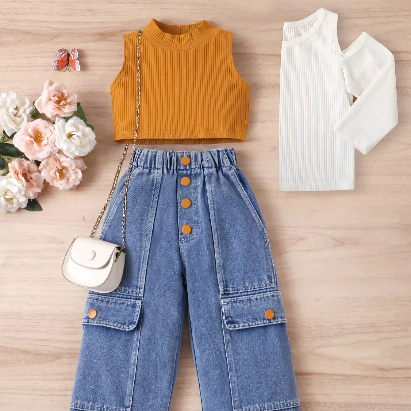 New fashion 2 Pcs girls clothing sets solid Sleeveless knitting t-shirt + pocket jeans pants outfits for girls