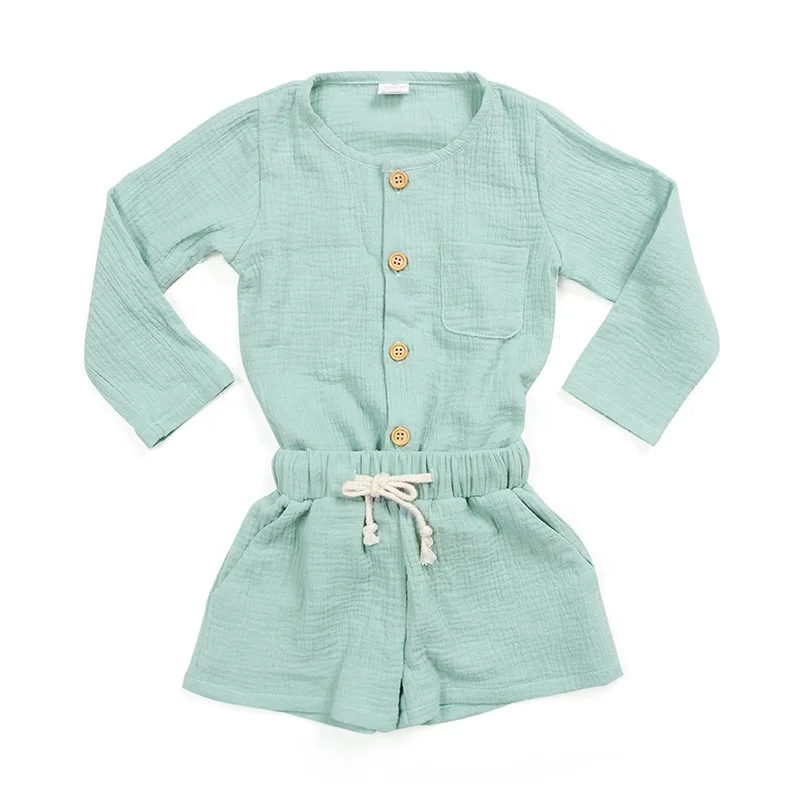 Kids clothing baby clothes long sleeves wood buttons top draw string shortie sold mint woven organic cotton muslin baby sets