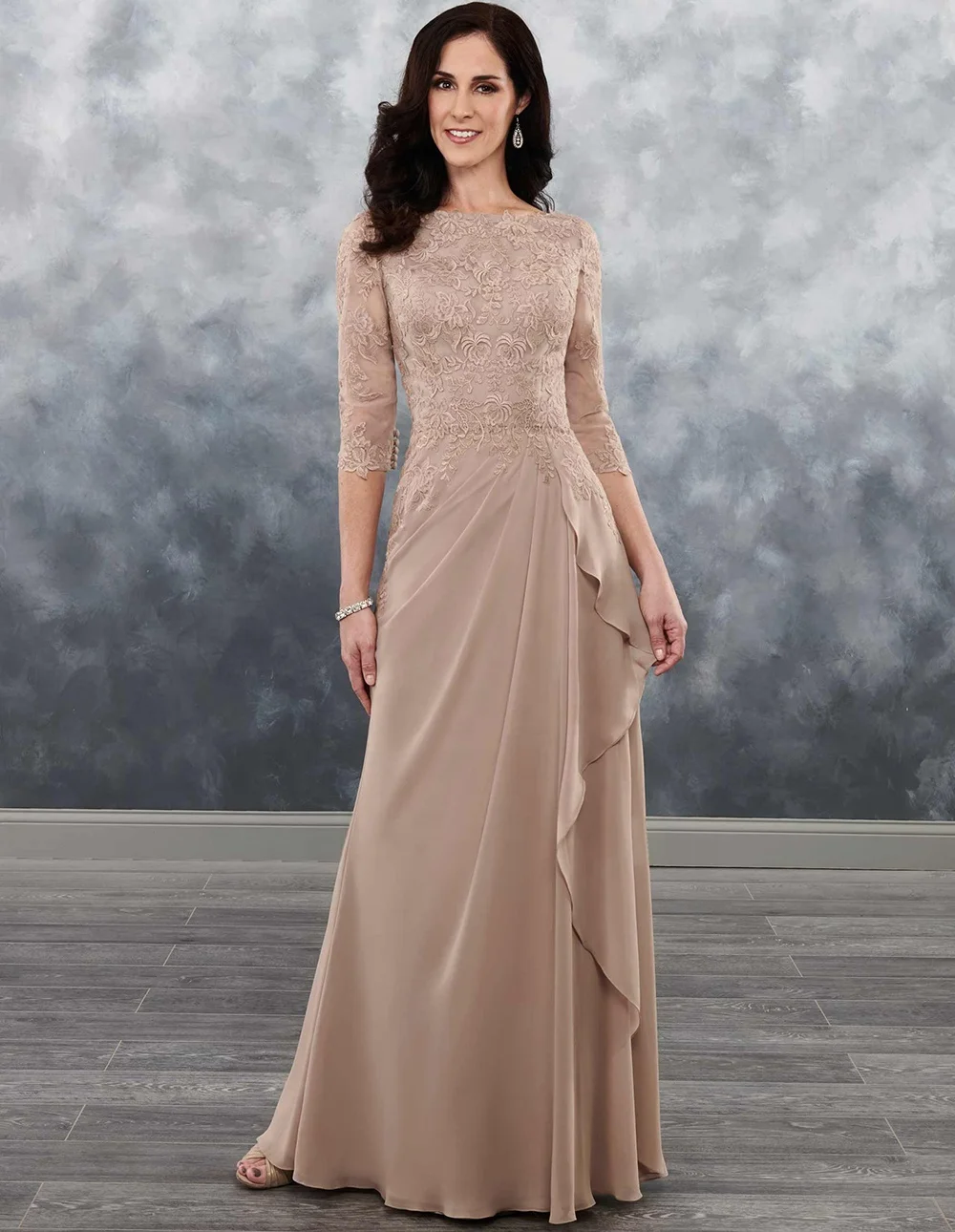 Pleated Lady Wedding Party Dress Three Quarter Sleeve Lace Chiffon Mother Of The Bride Dress