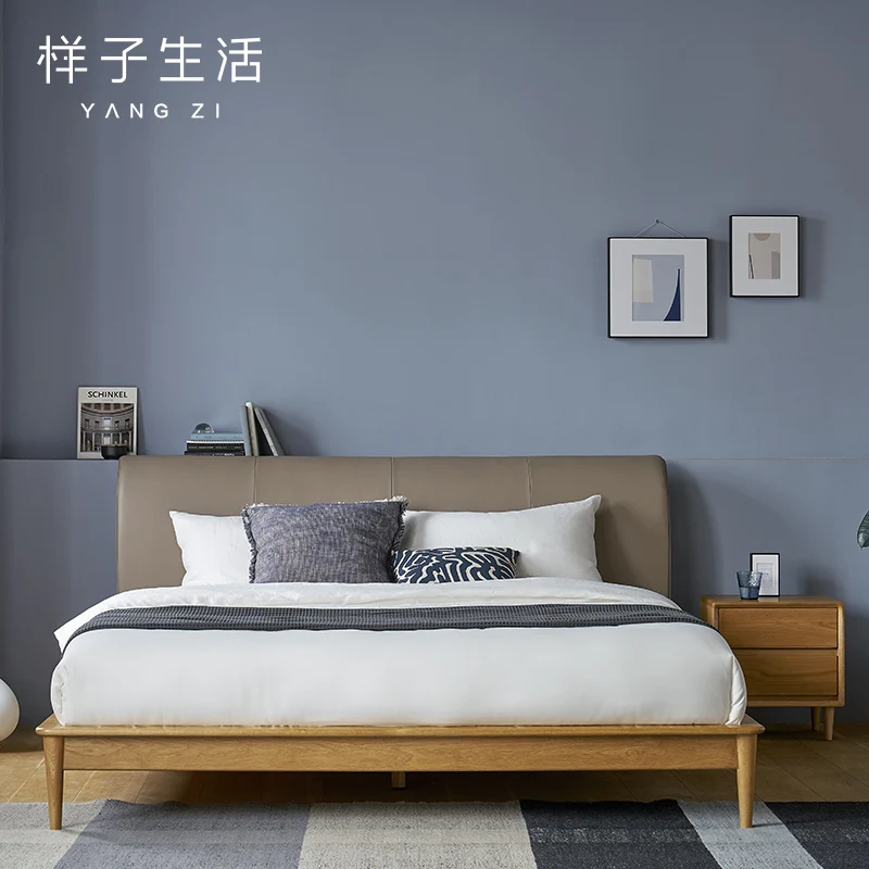 
Hot Sale Red Oak Leather Ergonomic Design Wooden Luxury Bed 