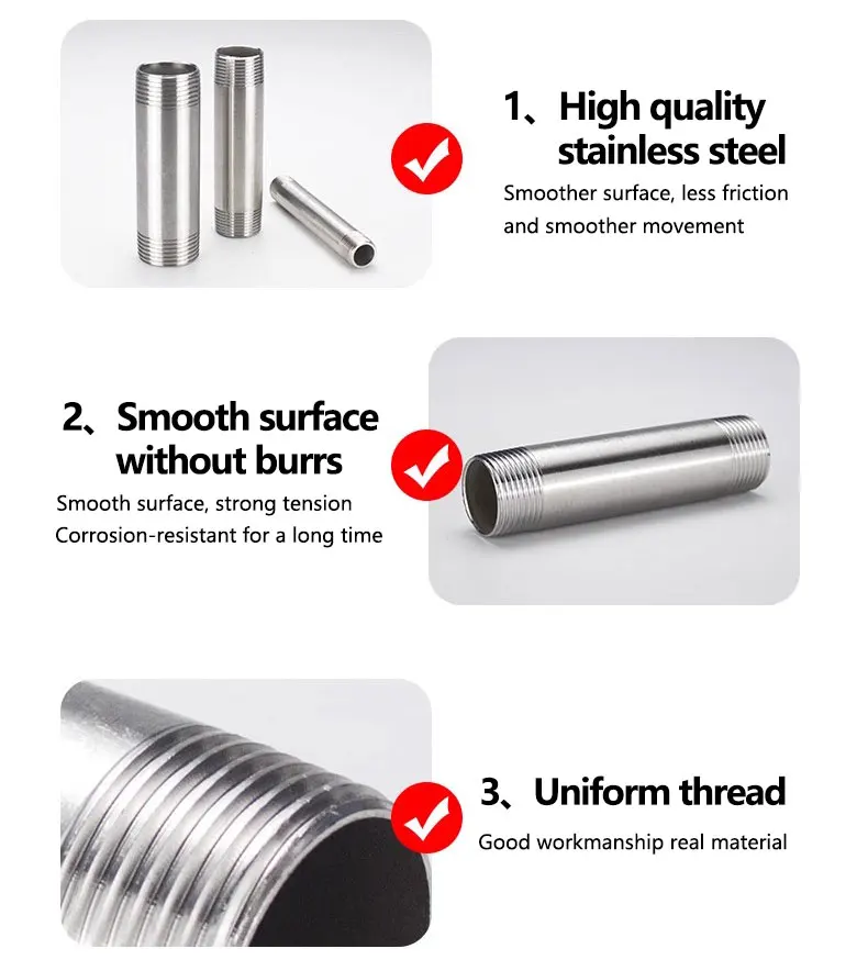Factory Wholesale Stainless Steel Pipe Fittings SS304 SS316 Double Head External Thread Nipple For Pipeline Connection