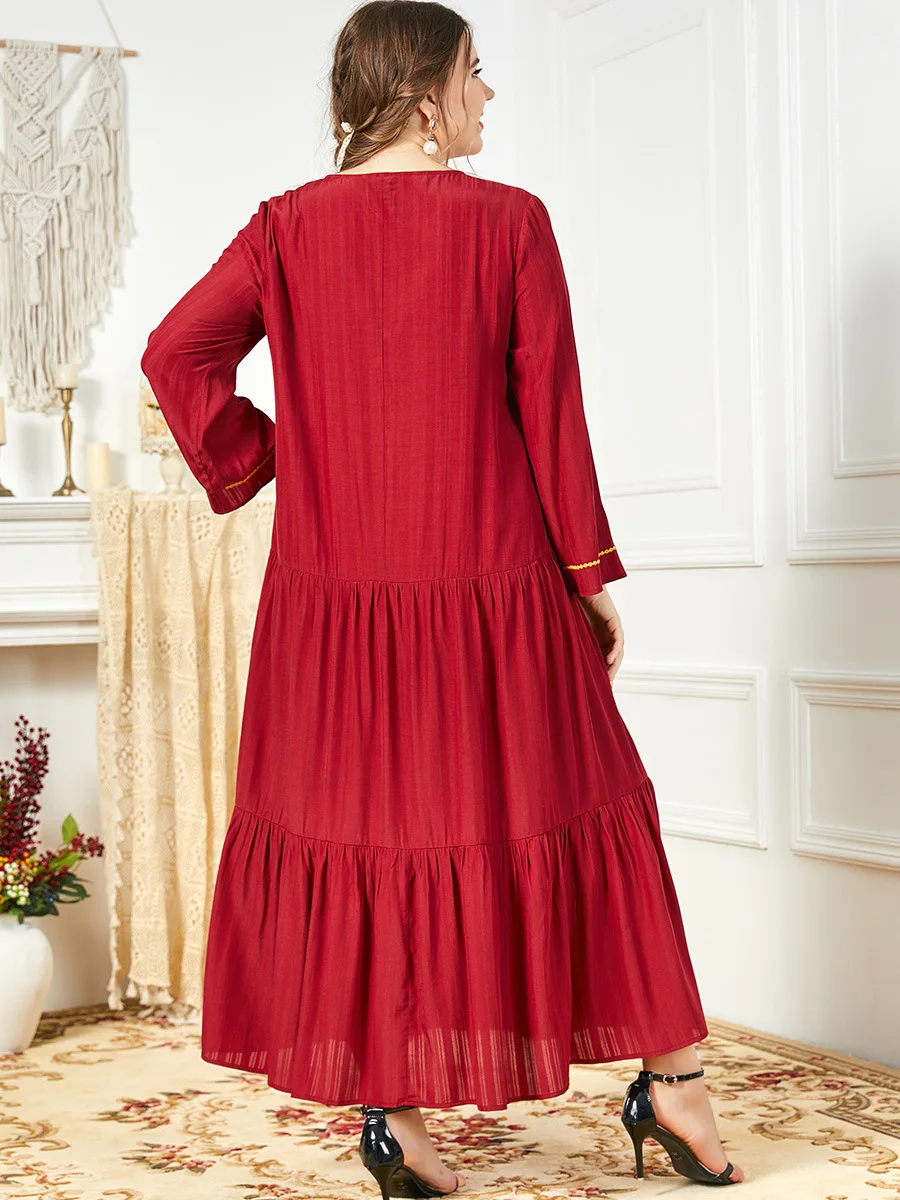 Pure Red with Gold Embroidered 2022 New Wholesale Long Abaya Women Muslim Dress Pleat Designs L-4XL Clothes Women Muslim Fashion