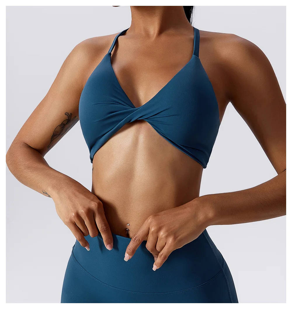 Summer 2023 Backless Women Sports Bra Cross Back Gym Activewear Twist Front Crop Top Fitness Thin Strap Sports Bra