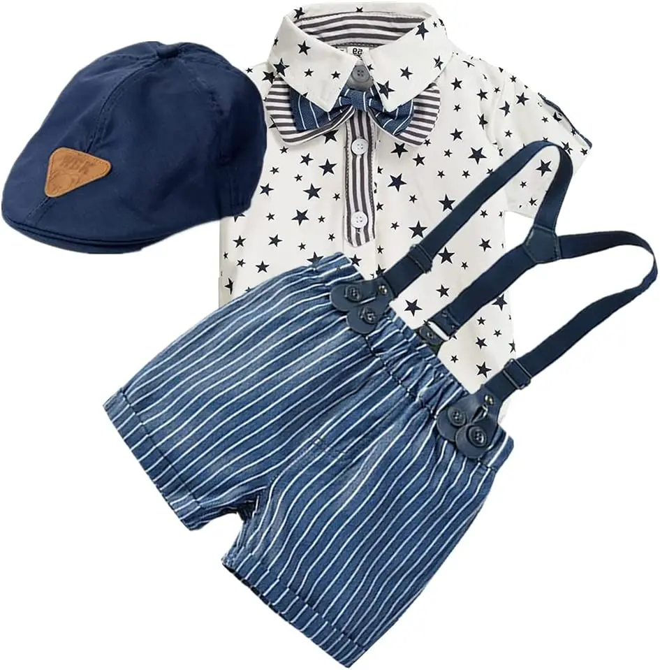 Baby boy clothes gentleman suit summer new cartoon striped romper + hat baby clothes