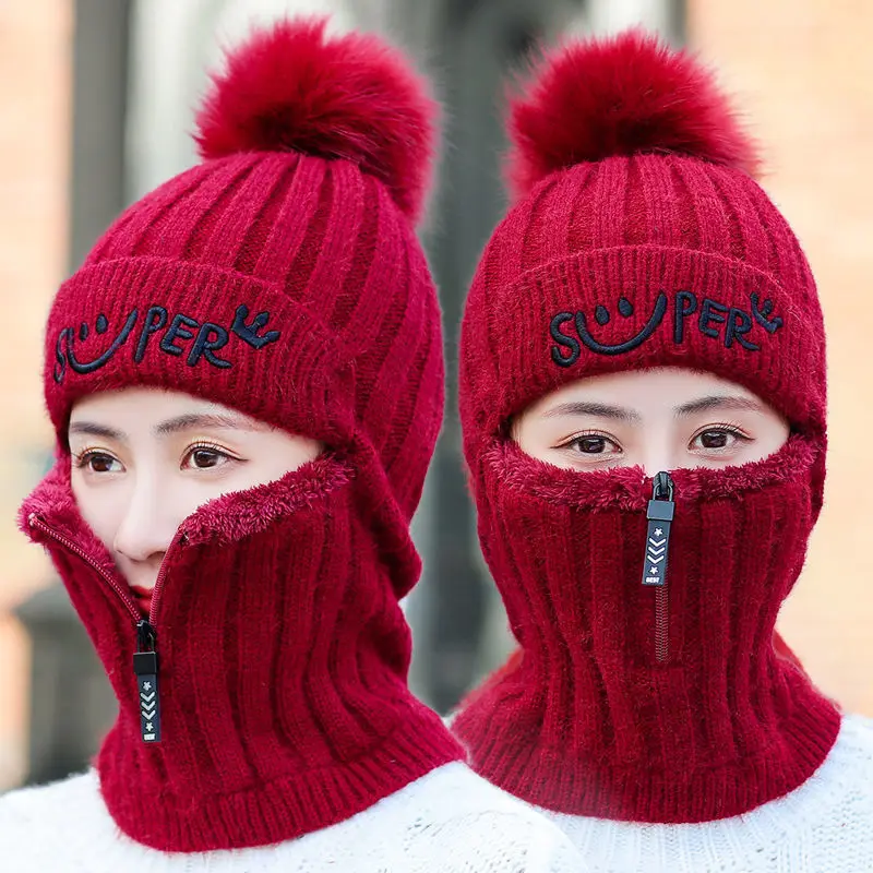 Women Winter Casual Ear Protection Wool Hat Thickened Fleece Warm Cycle Knitted Beanie Hat Sombreros De Invierno
