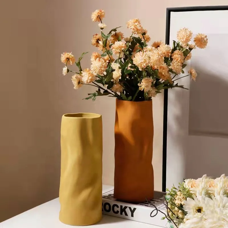 Nordic Morandi Simple Ripple Wrinkling Ceramic Vase Flower Pot for Model Room Home Decor