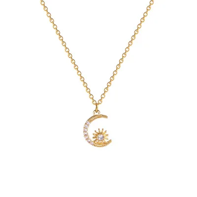 Exquisite Trendy Fashion 18K Gold Plated Stainless Steel Thin Chain Moon and Star Pendant Necklace for Women Jewelry