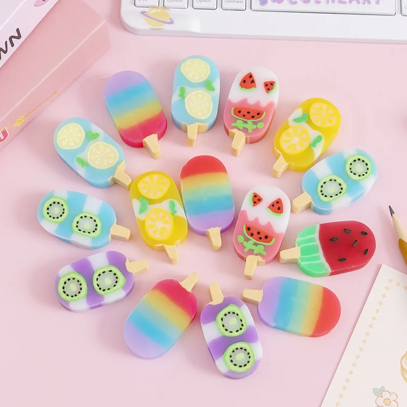 1 set Colorful Summer Ice Cream Fruits Rubber Eraser Kawaii School Erasers set Supplies Stationery For Kids Students Cool Prizes