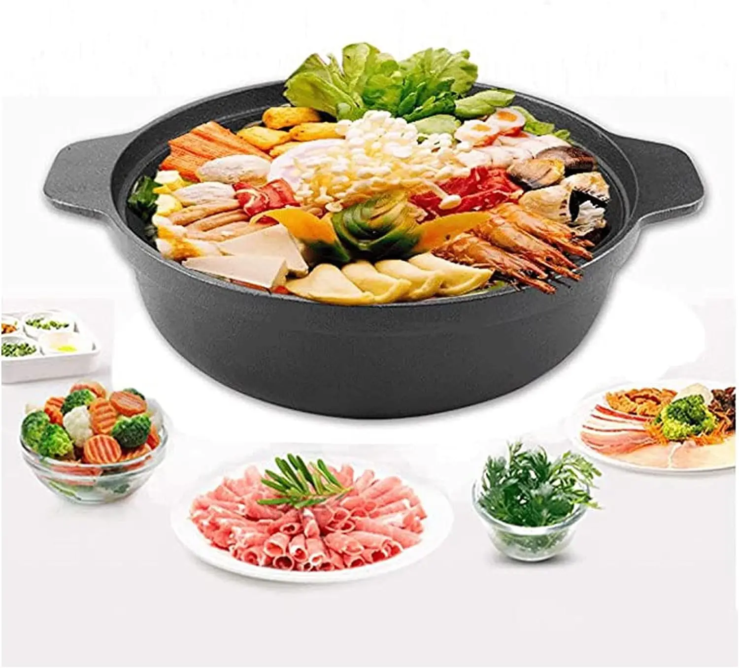 Classic Cast Iron Shabu Pot Saucepan/Multifunctional 2-in-1 Double Pot for Hot Sale Sukiyaki Paella Casserole Camping Outdoor