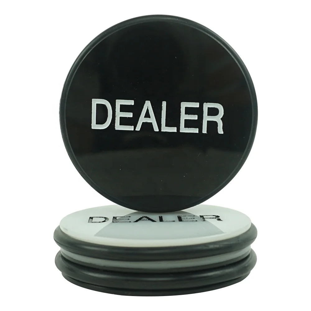 3 inch diameter double-sided casino grade acrylic poker dealer puck button of back and white with rubber at side