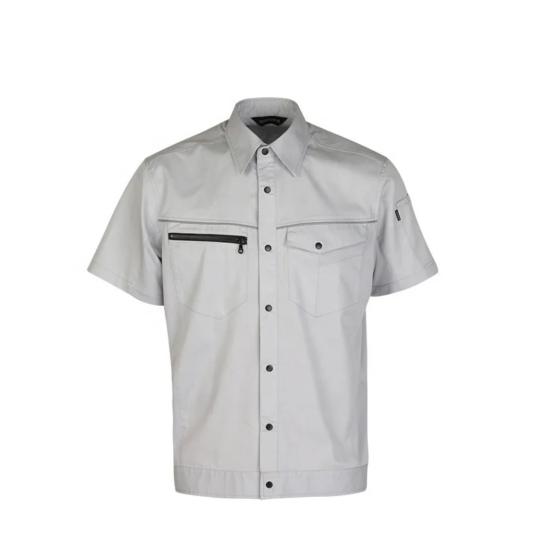 Summer Durable Breathable Labor Work Wear Button Up Short Sleeve Turn Over Collar Grey White Polo Shirt Jacket Cargo Pant Set