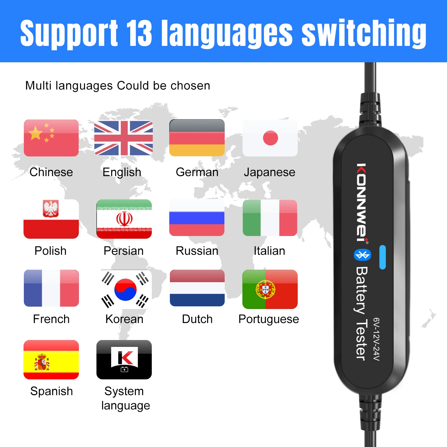 KONNWEI BK200 Car Battery Tester Battery Clip Tester Analyzer Support 6V-12V-24V BLACK AND SILVERY