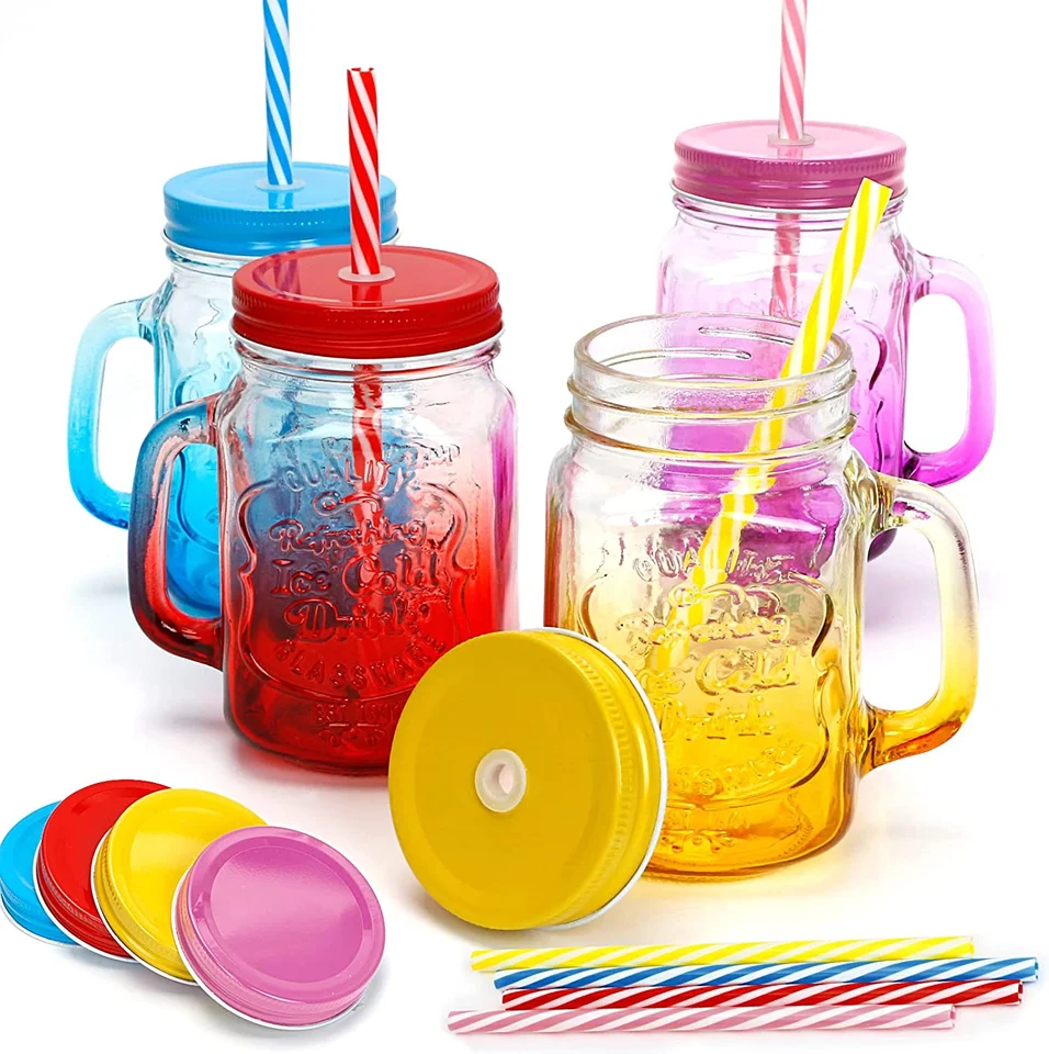 Wholesale Factory Produced 16Oz Mason Jar Drinking Glass with Handle Colored Metal Lids cup glass mason jar with lid and straw